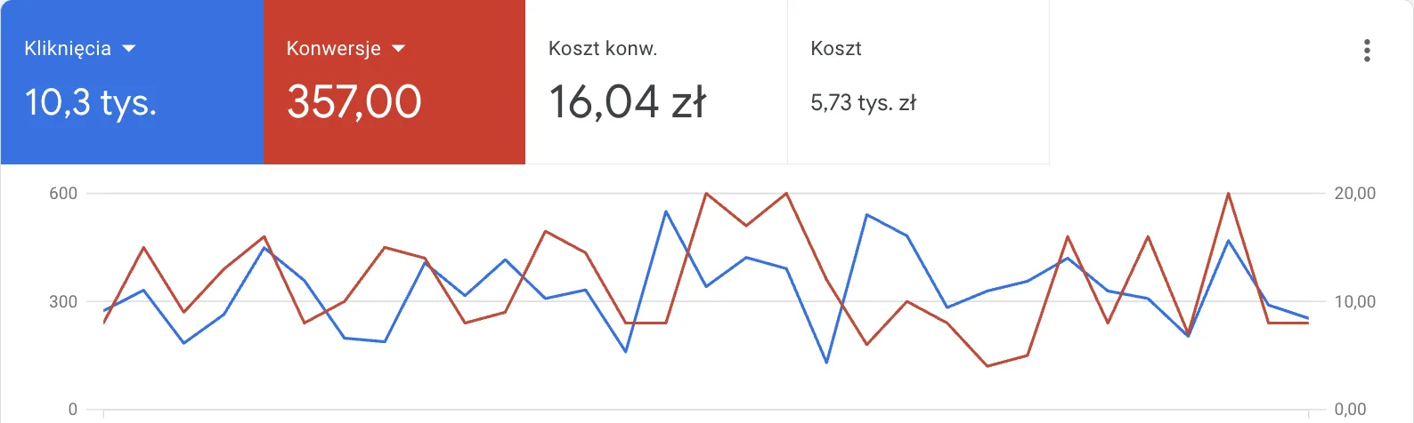 Wyniki kampanii Google Ads: 357 konwersji