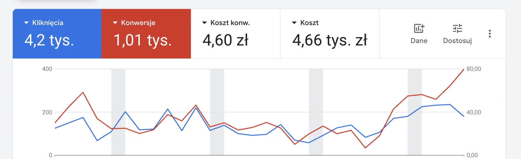 Wyniki kampanii Google Ads: 1,01 tys. konwersji